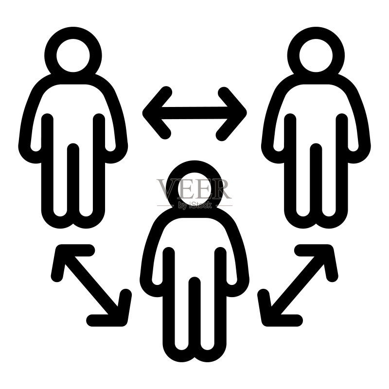团体保持社交距离线性图标,社交距离概念,白色背景上的冠状病毒流行病防护标志,人与人之间的距离图标轮廓样式。矢量图形图标素材