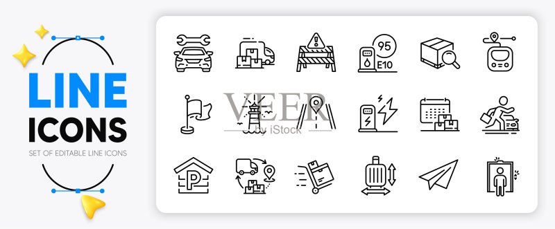 行李尺寸、加油站和汽车租赁线性图标,适用于网页应用矢量素材图标素材