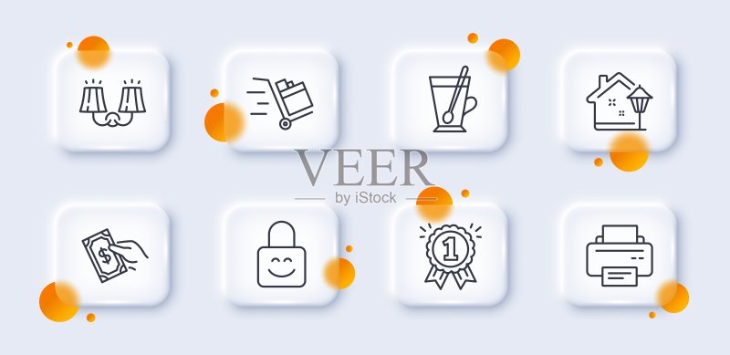 打印机、锁和壁灯线图标包,适用于Web应用程序的3D玻璃按钮矢量素材图标素材