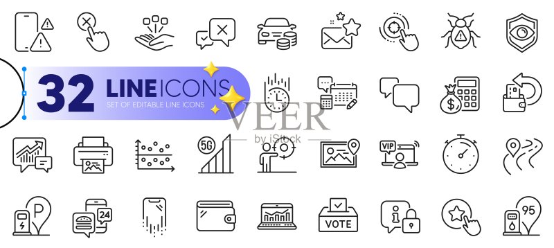 商业目标、定时器和5G无线网络线性图标轮廓集,适用于Web应用,矢量图图标素材