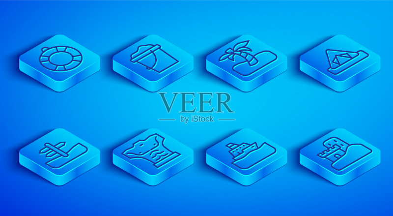 救生圈沙滩桶热带棕榈树线图标素材