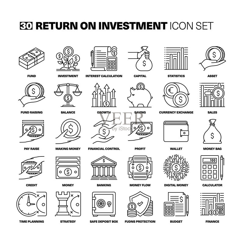 投资回报率线性图标集图标素材