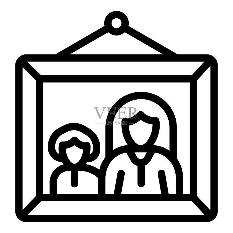 母亲节概念图:母子合影线条图标,白色背景上的家庭照片,矢量图形。图标素材