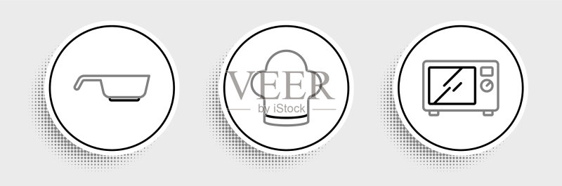 微波炉煎锅和厨师帽线条组合图标素材