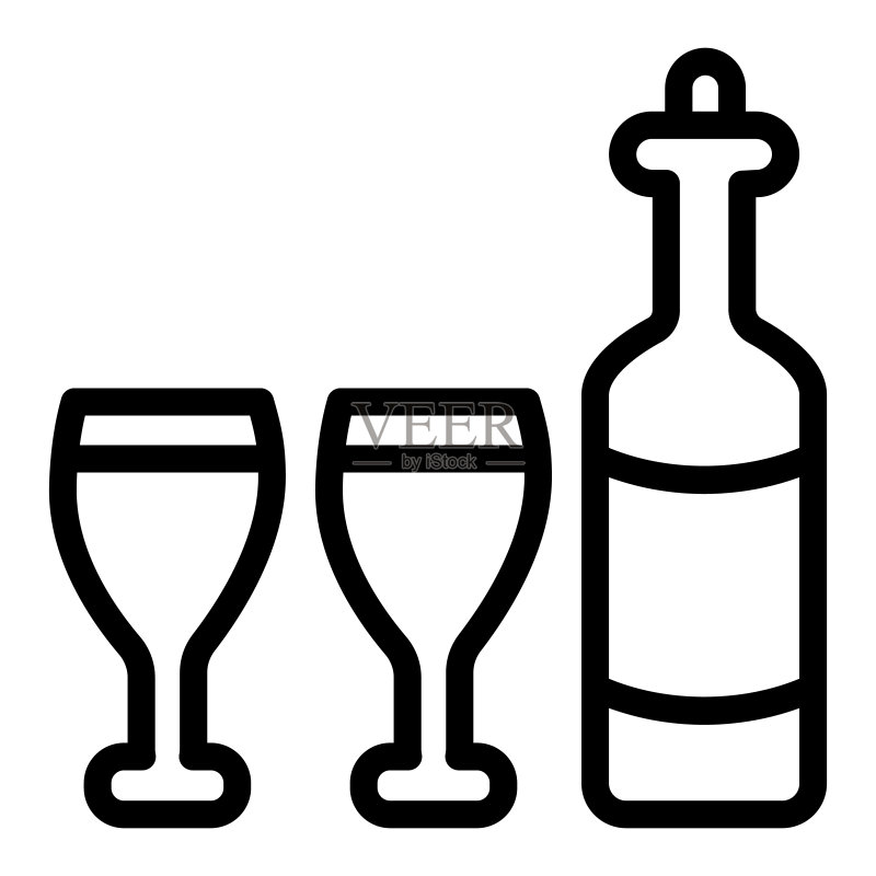 酒瓶和酒杯线条图标,感恩节概念,白色背景上的葡萄酒组合标志,酒瓶酒杯图标轮廓样式。矢量图形图标素材