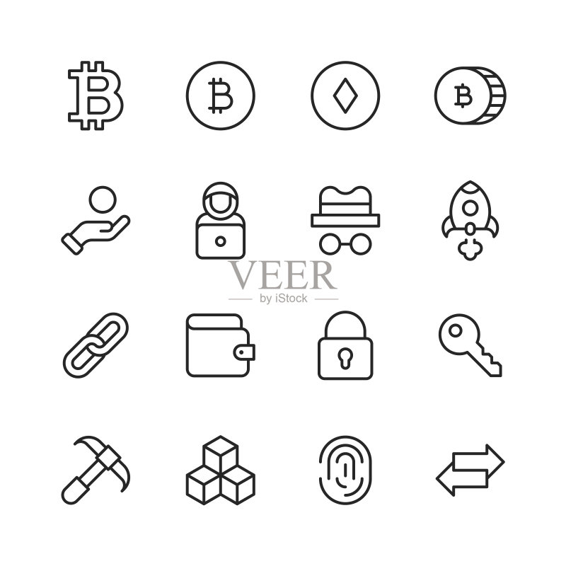 加密货币线性图标。可编辑描边,包含比特币、区块、区块链、图表、硬币、计算机网络、CPU、加密货币、货币、数字、以太坊、金融、GPU、密钥、矿工、采矿、金钱、网络、NFT、安全、钱包、Web3等图标图标素材