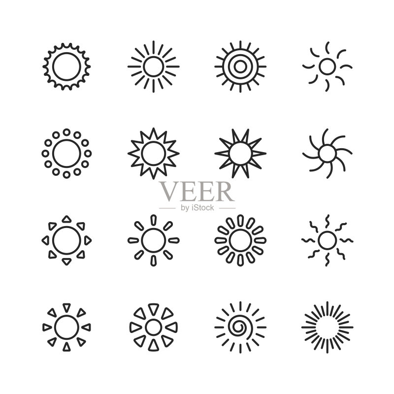 太阳线性图标。可编辑描边。像素完美。适用于移动设备和网页。包含太阳、阳光、夏季、假日、海滩、气候、环境、天空、能量、自然、热带、夏威夷、旅行、温暖、炎热、阳光等图标。图标素材