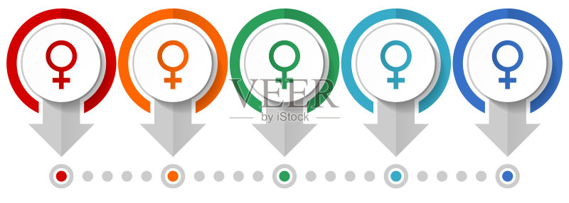 女性矢量图标集,扁平风格设计信息图表模板,用于网页设计和移动应用的5种颜色选项图标素材