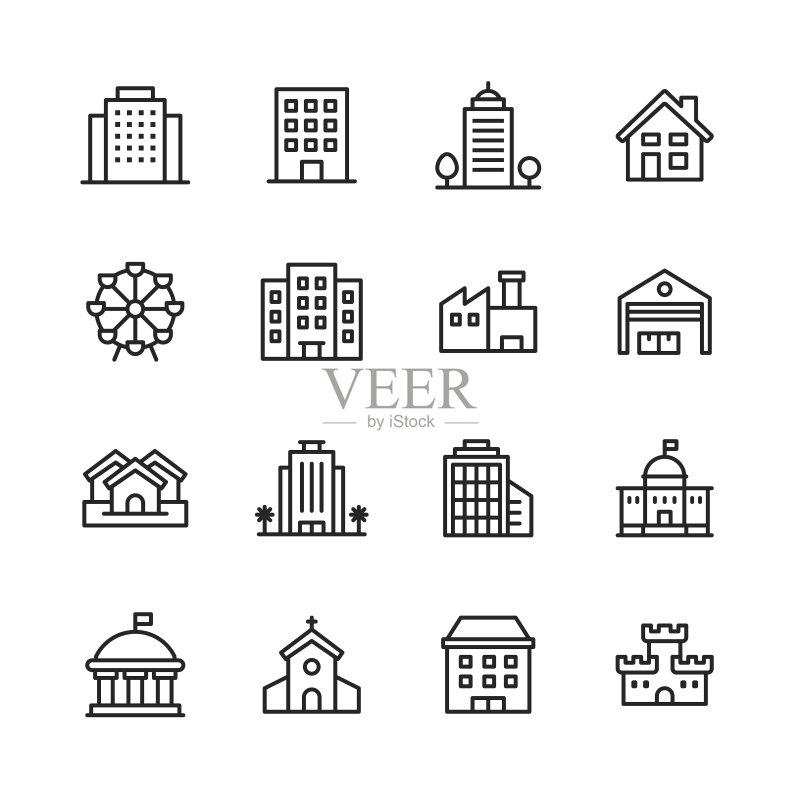 建筑线条图标:可编辑描边,像素完美,适用于移动和网页。包含建筑、住宅、工厂、教堂等图标。图标素材