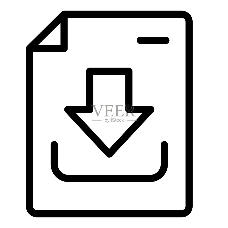 下载文档线性图标。下载文件矢量图,白色背景。保存文件轮廓样式设计,适用于App。图标素材