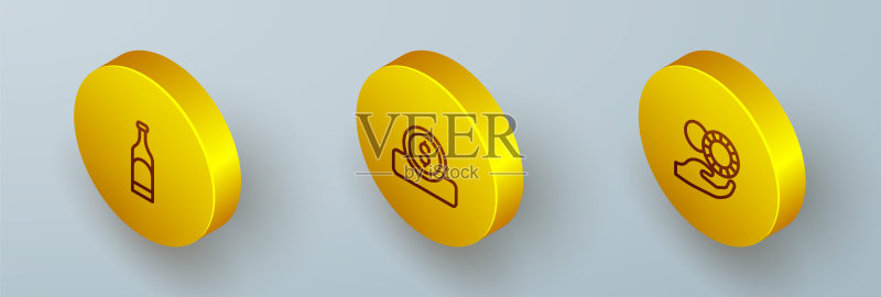 2.5D葡萄酒瓶、美元硬币和赌场筹码图标矢量素材图标素材