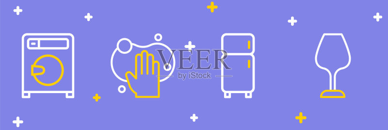红酒杯、冰箱、海绵和洗衣机图标矢量集图标素材