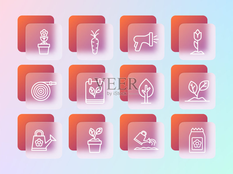 郁金香花、盆栽植物、树、浇水壶、带秋叶的日历、花园软管和胡萝卜图标矢量图图标素材