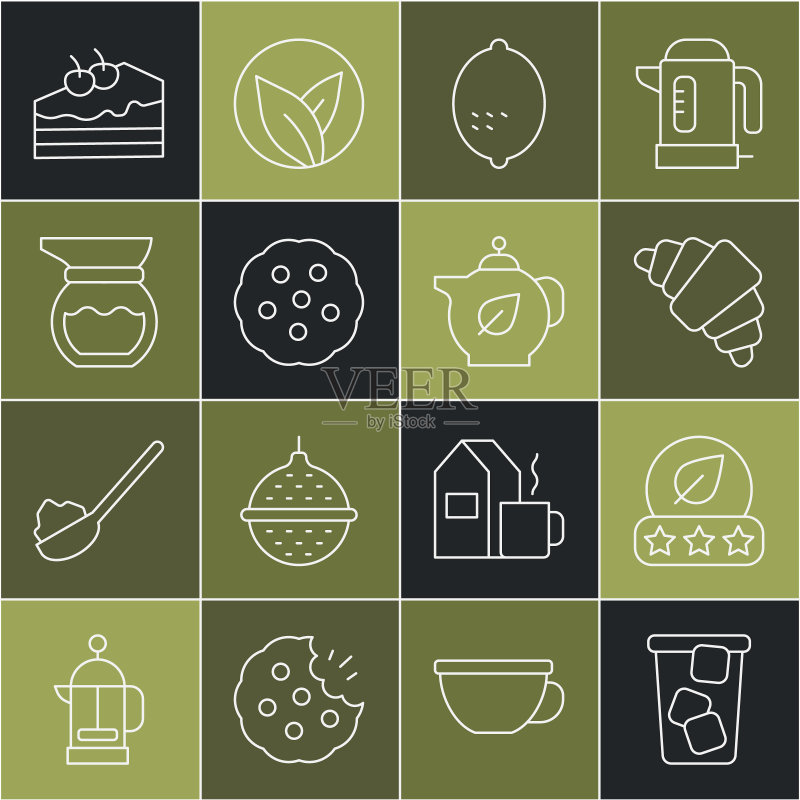 冰茶、茶叶、羊角面包、柠檬、饼干、茶壶、蛋糕和茶图标图标素材