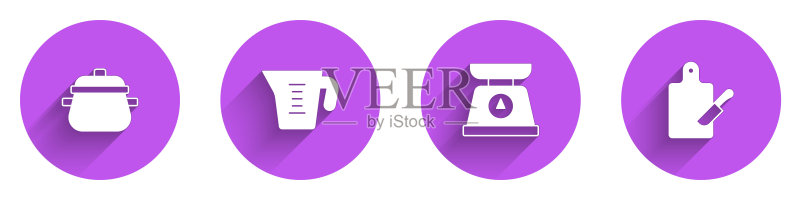烹饪锅量杯天平砧板刀具长阴影矢量图标图标素材