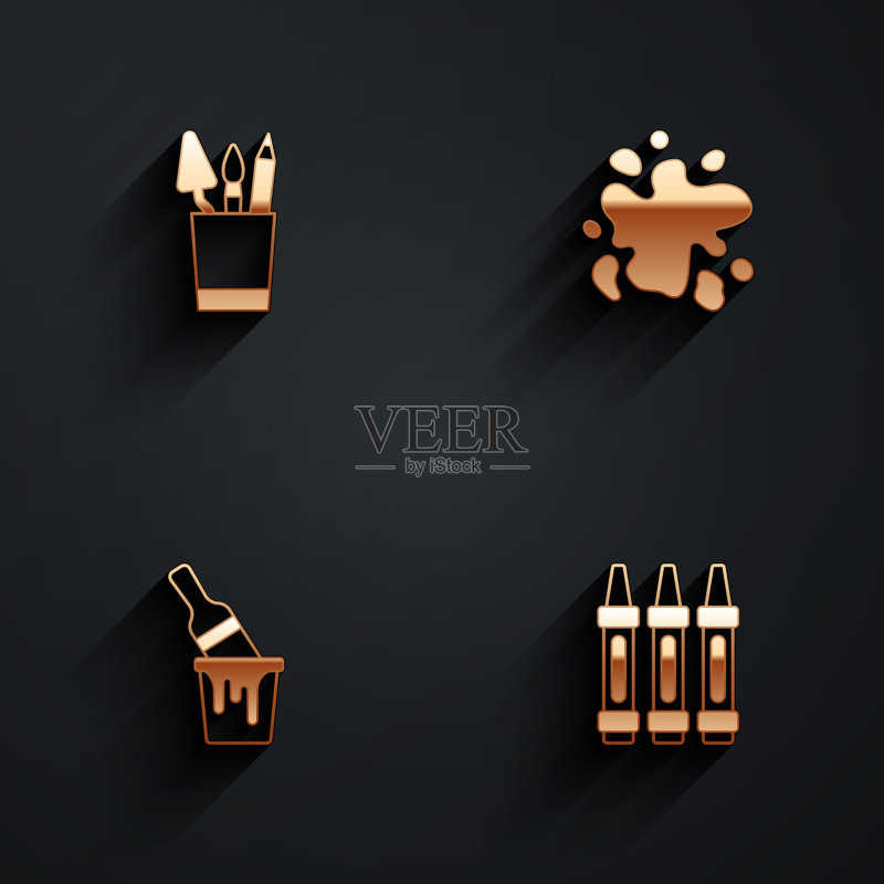 铅笔盒文具、油漆喷雾、带刷子的桶和蜡笔绘画图标,带长阴影矢量图图标素材