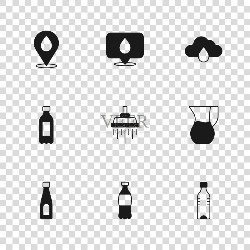 水瓶、水壶玻璃杯、淋浴、云雨、水滴位置图标矢量图图标素材