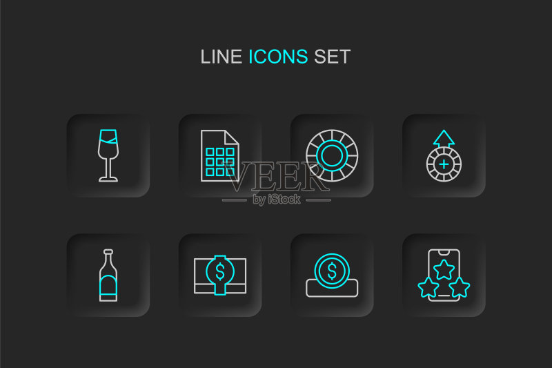 在线体育博彩、钱币、纸币、葡萄酒、筹码、彩票和酒杯图标矢量图标素材