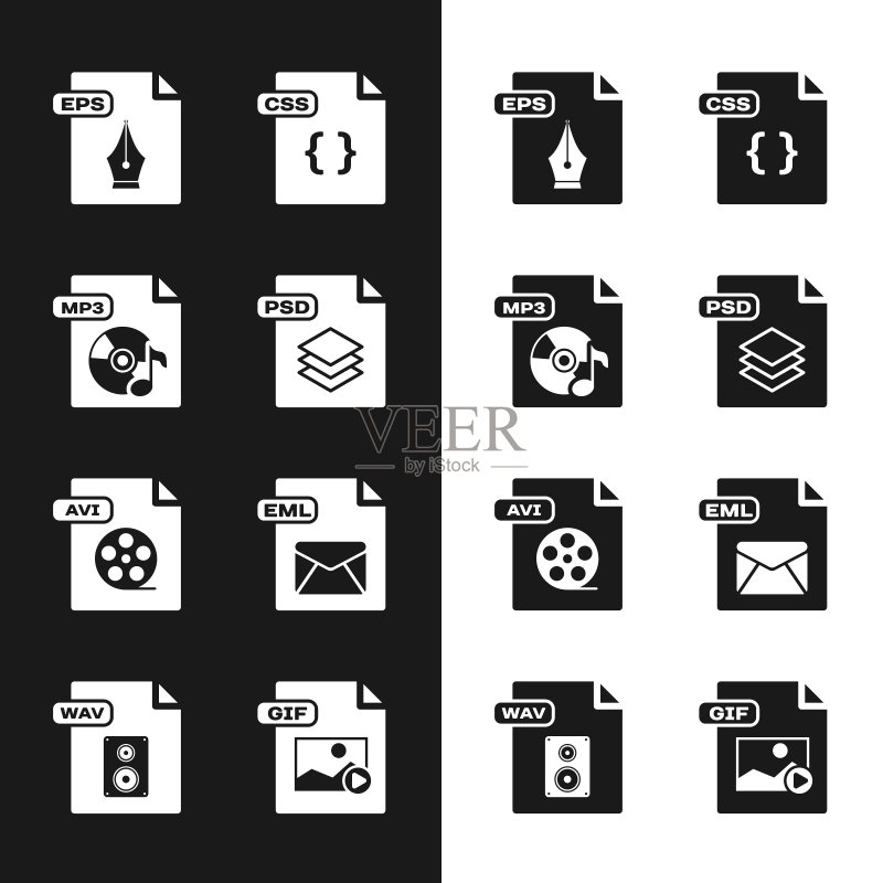 PSD文件、MP3、EPS、CSS、AVI、EML、GIF和WAV图标矢量图图标素材