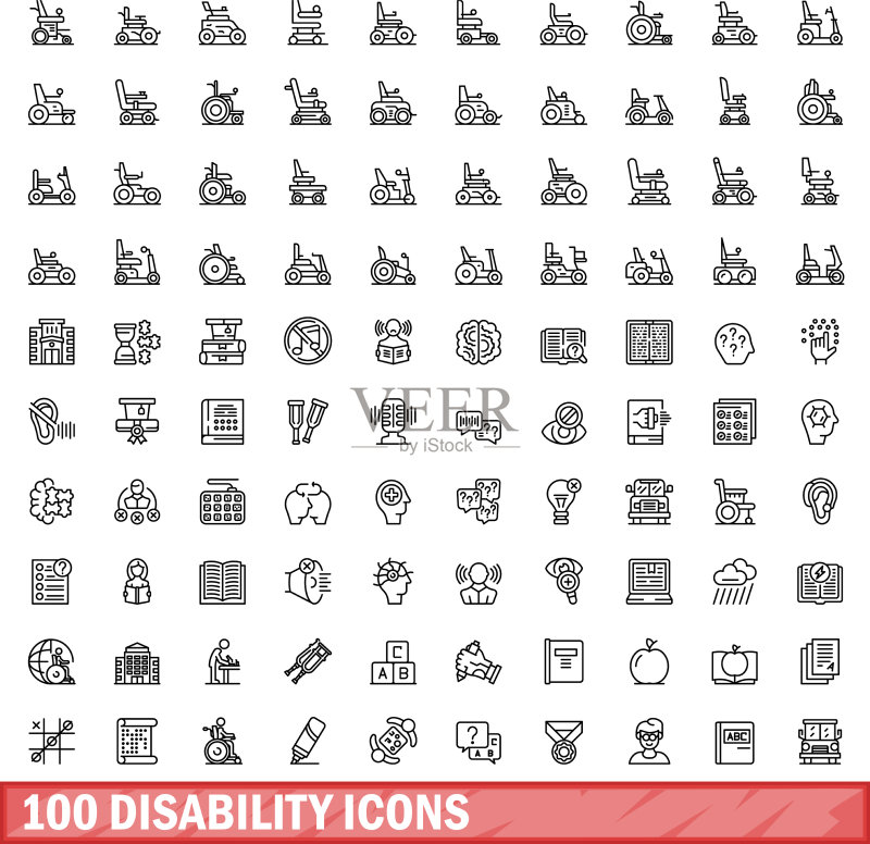 100个残疾人图标轮廓风格图标素材