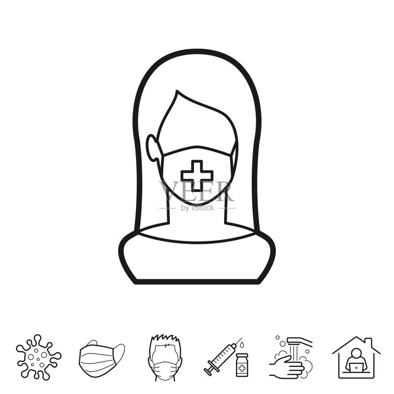 戴医用防护口罩的女人,可编辑描边线性图标图标素材