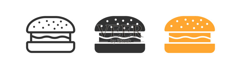 汉堡图标:带有奶酪和肉类符号的面包,食品符号,黑色的扁平风矢量图图标素材
