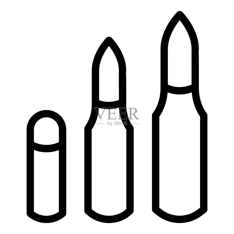 子弹线条图标。武器子弹筒,枪击弹药符号,白色背景上的轮廓样式象形图。军事标志移动概念网页设计。矢量图形。图标素材
