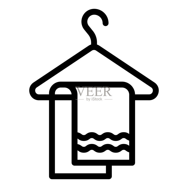 浴室毛巾线条图标:带波浪的毛巾挂在衣架上,白色背景上的轮廓样式象形图。酒店或家庭标志移动概念网页设计。矢量图形。图标素材