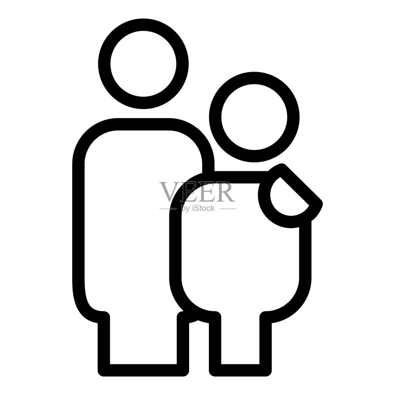 父子友谊线条图标:父亲保护和儿童关怀符号,白色背景上的轮廓样式示意图,用于移动概念网页设计的关系标志矢量图形。图标素材
