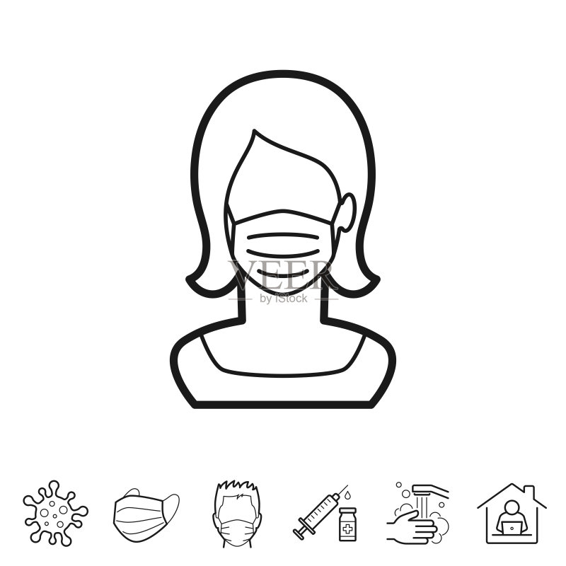 戴医用防护口罩的女人,可编辑描边线性图标图标素材