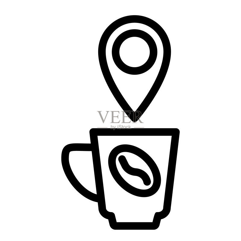 带有位置线的咖啡杯图标:地图坐标、咖啡杯与咖啡豆符号图标素材