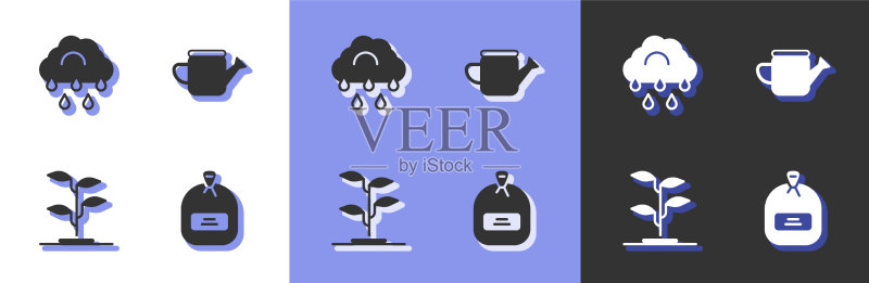 装满种子的包装、带雨滴的云朵、新芽套装图标素材