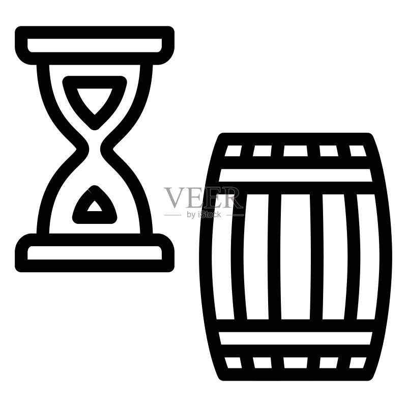 桶和沙漏线条图标,葡萄酒节概念,白底葡萄酒老化标志,移动网页设计桶图标轮廓图。矢量图形。图标素材