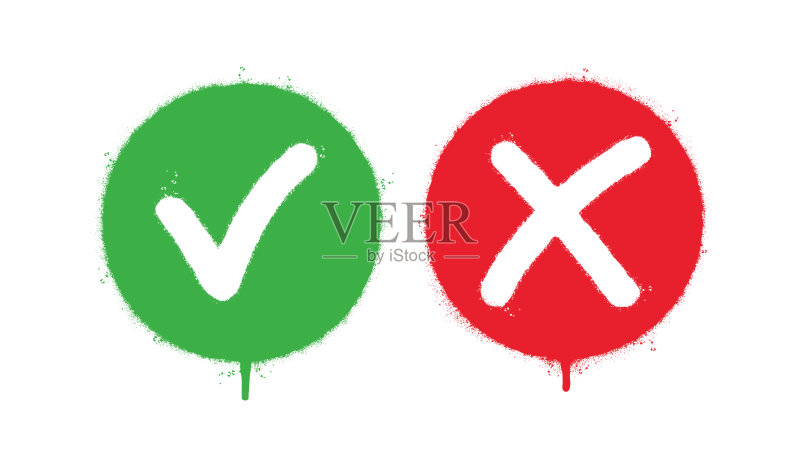 喷绘涂鸦绿色勾号和叉号:白色背景隔离,黑色喷绘“是”和“否”符号图标素材