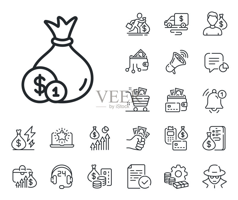 钱袋线条图标:现金银行货币图标素材