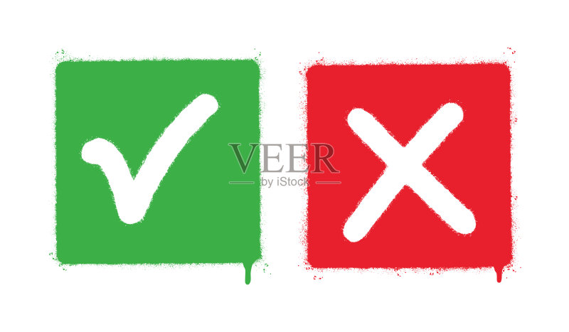 喷绘涂鸦绿色勾号和叉号:白色背景隔离,黑色喷绘“是”和“否”符号图标素材
