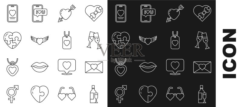 线条图标:香槟酒瓶与情人节信封图标素材
