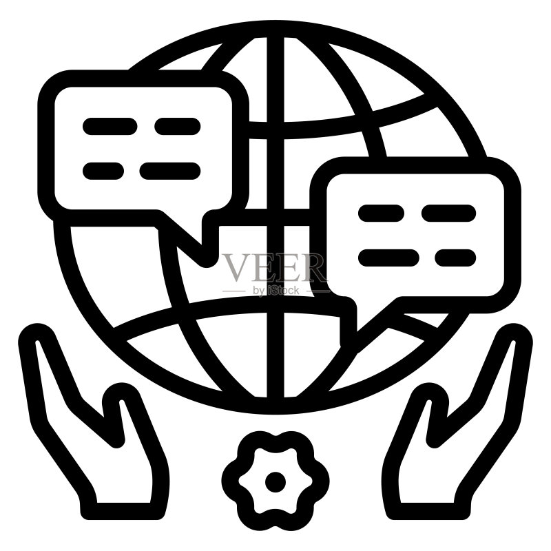 世界、地球、对话、语音气泡、手部线条图标,和平概念,白色背景上的全球矢量标志,轮廓风格图标移动概念网页设计矢量图形图标素材