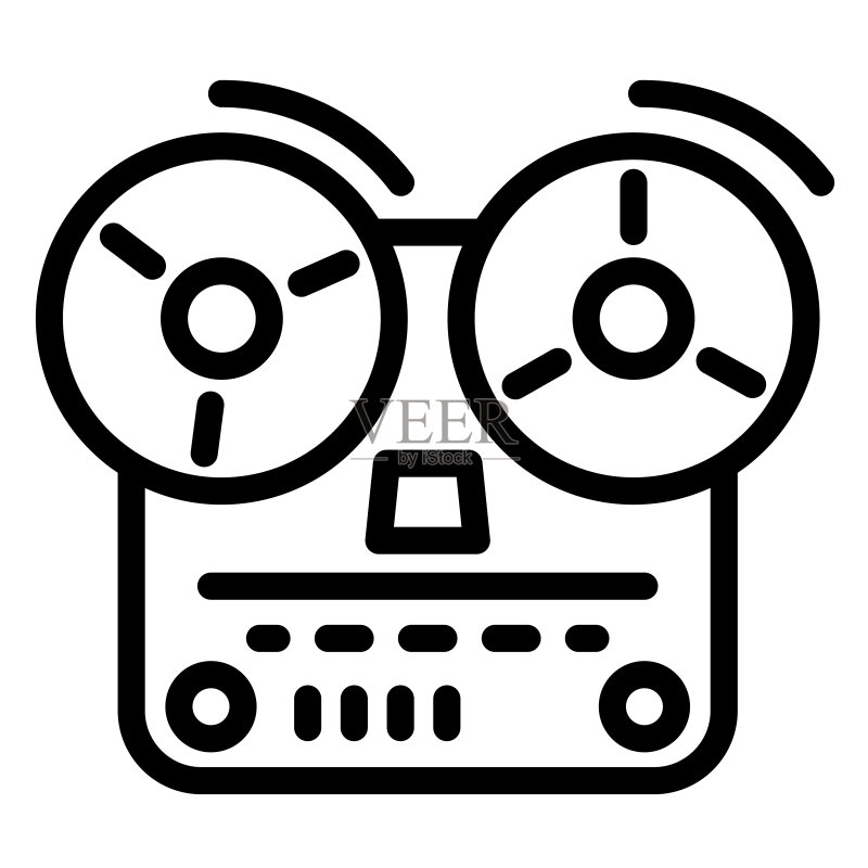 磁带录音机线性图标,音乐概念,白色背景上的旧式卷轴磁带录音机标志,外形样式的开盘录音座图标,移动概念网页设计矢量图图标素材