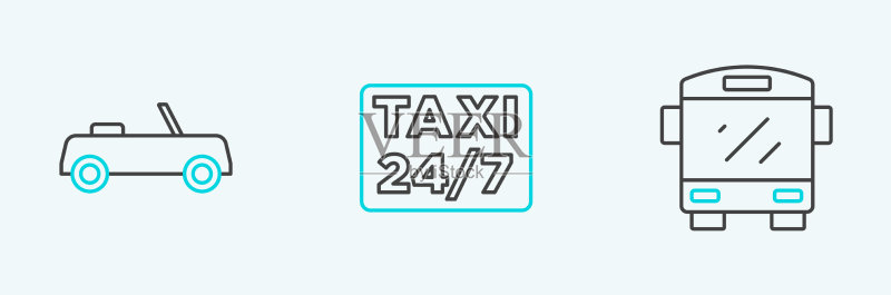 公交车、汽车、定位与出租车图标线条图标素材