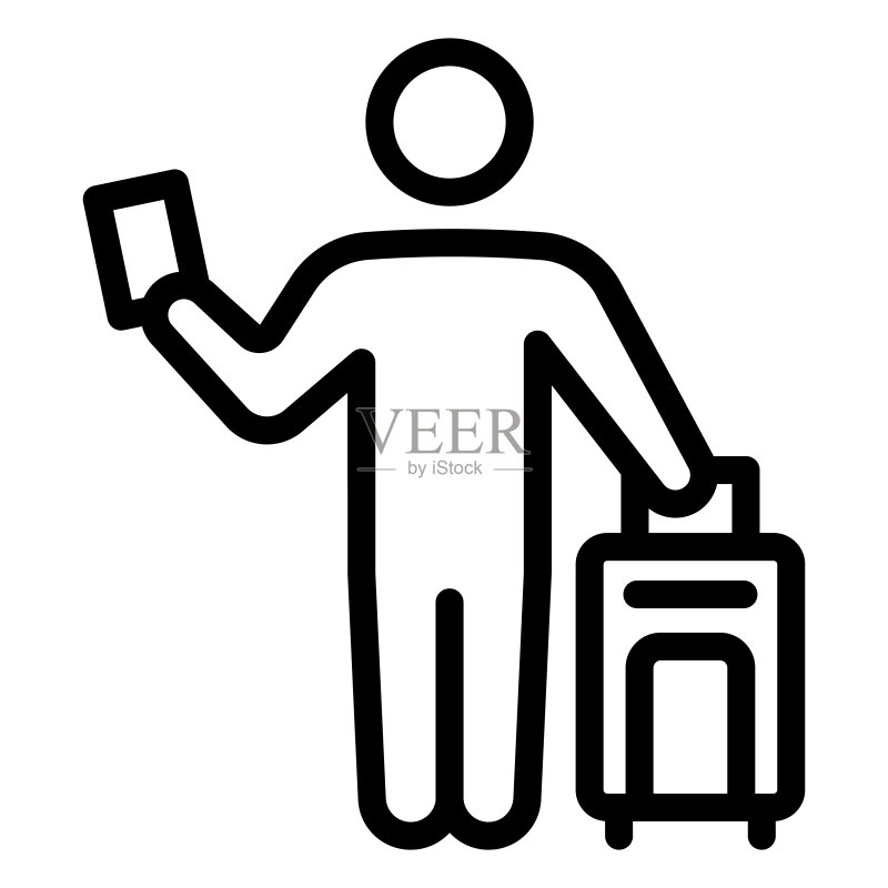 携带行李箱和护照的旅客线性图标,安检概念,白色背景上的行李检查矢量标志,移动概念网络设计的轮廓样式图标。矢量图形。图标素材