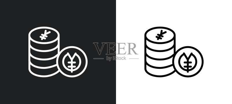 白色和黑色日元硬币堆叠轮廓图标图标素材