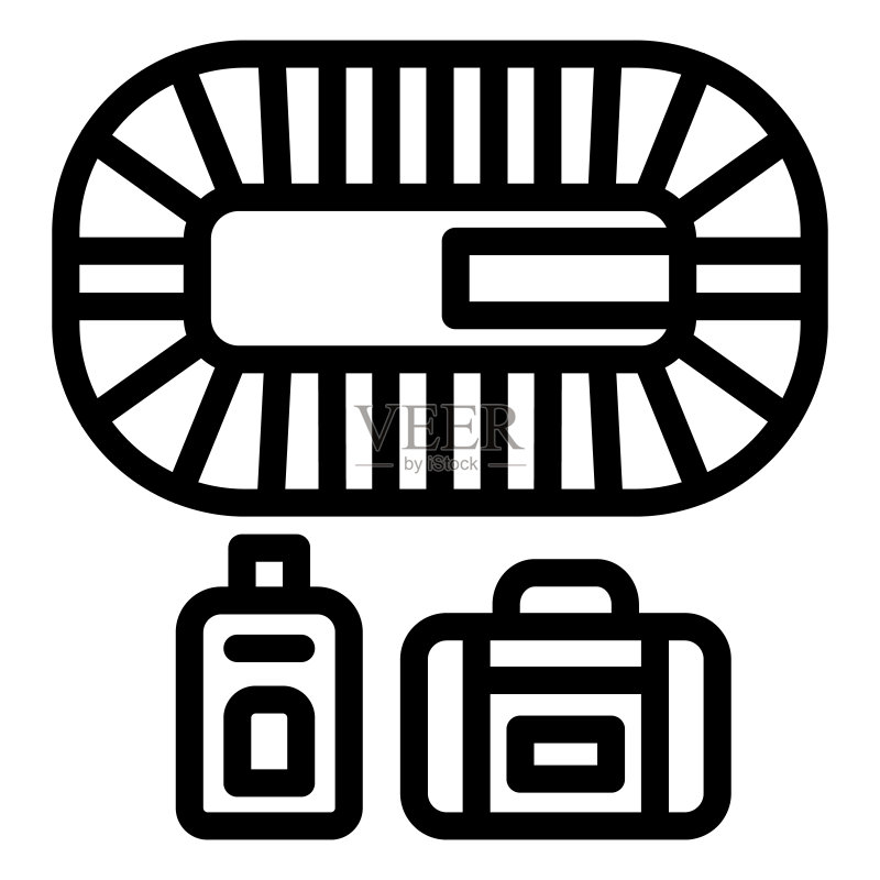 机场传送带线性图标,航空公司概念,白色背景上的传送带矢量标志,行李轮廓样式移动概念网页设计。矢量图形图标素材