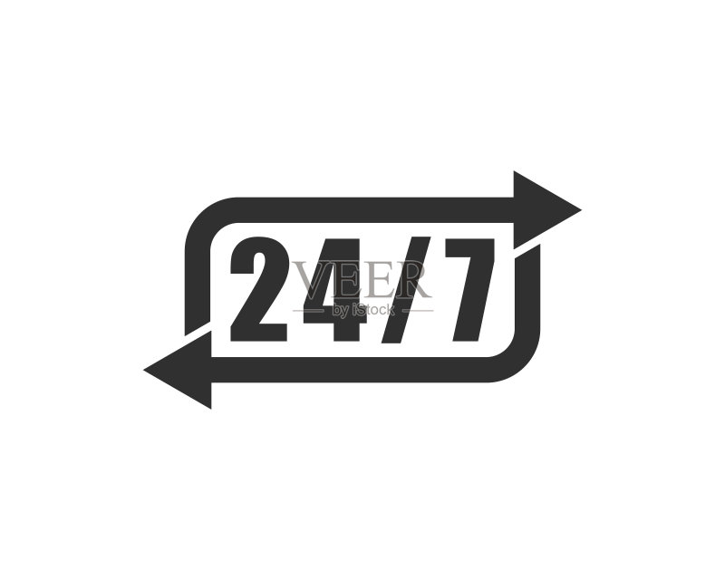 24/7全天候服务图标,全天24小时,每周7天开放。商店支持标志符号按钮。矢量素材,白色背景。图标素材