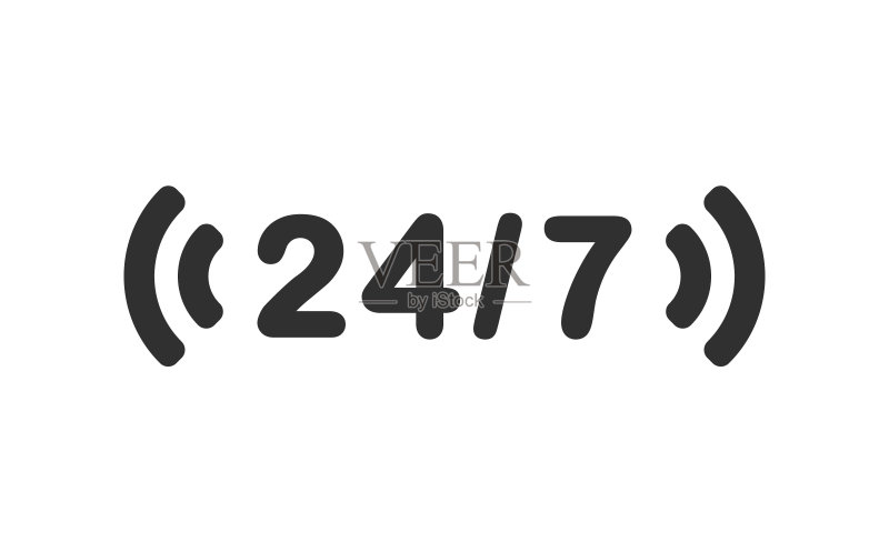 24/7全天候服务图标,全天24小时,每周7天开放。商店支持标志符号按钮。矢量素材,白色背景。图标素材