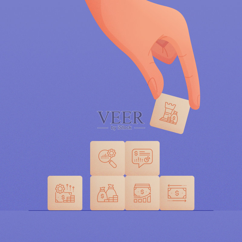 手握带有金融图标概念的木块图标素材