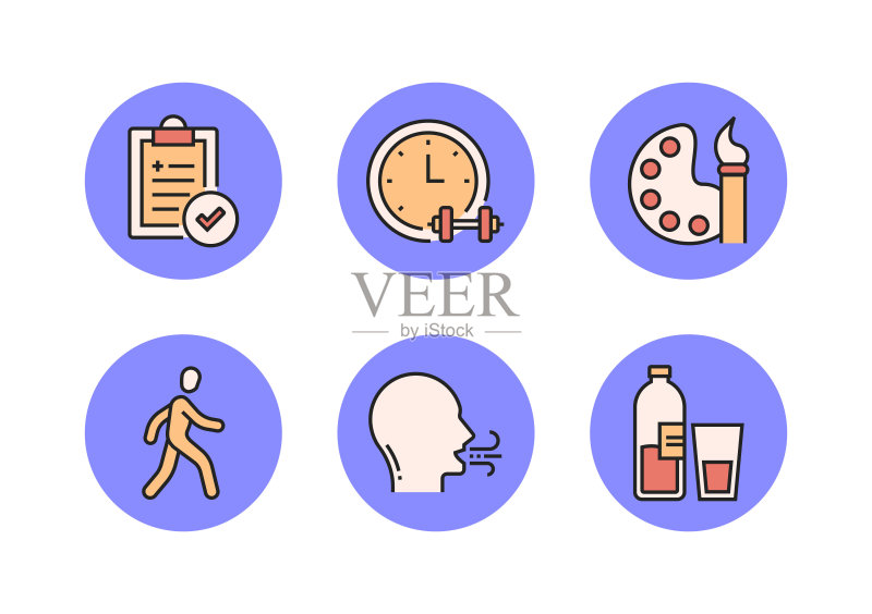健康生活方式扁平线条图标,矢量符号插图图标素材