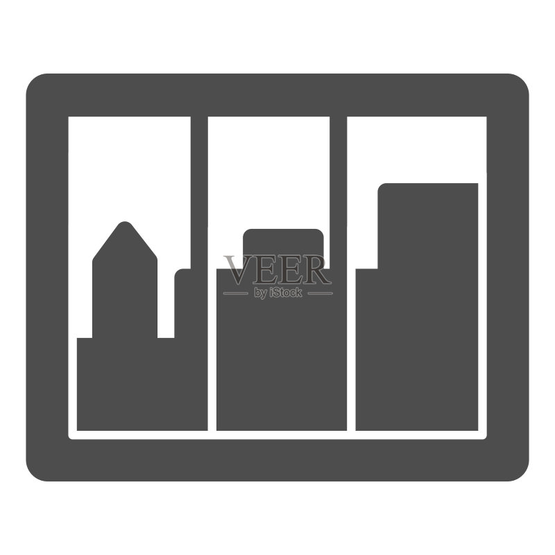 窗户中的城市景观实体图标,室内设计概念,白色背景上的窗框标志,俯瞰房屋的窗口图标,适用于移动概念的字形样式。矢量图形。图标素材