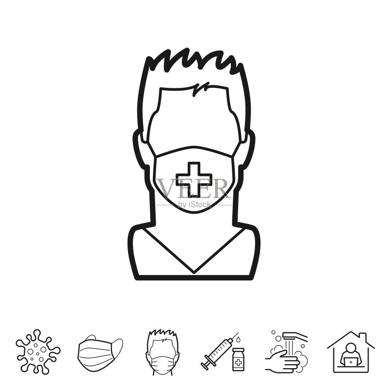 戴着医用防护口罩的男人 - 可编辑的描边线性图标图标素材