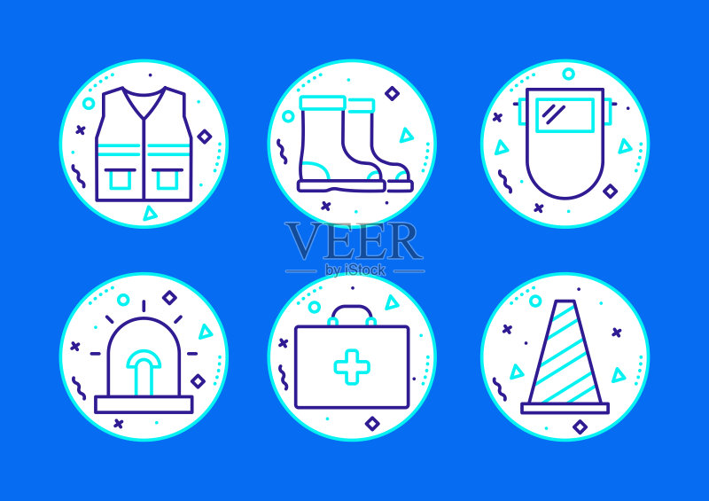 与工作安全相关的线路图标。向量符号说明。图标素材